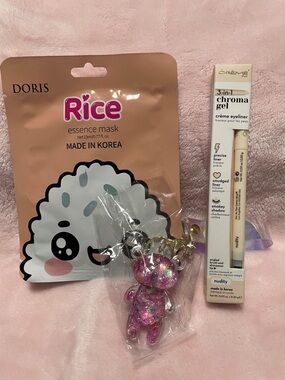 Doris Rice  Essence Mask with Glitter Pink Bear Keychain and Creme shop eyeliner